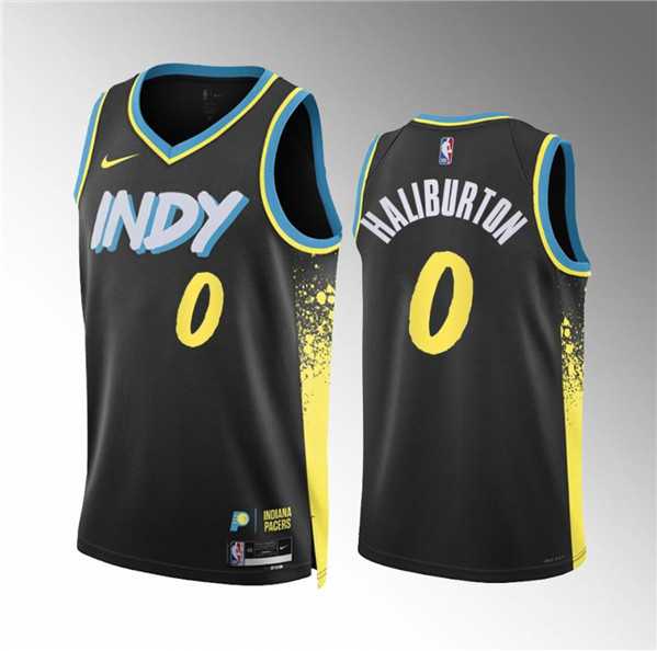 Men%27s Indiana Pacers #0 Tyrese Haliburton Black 2023-24 City Edition Stitched Jersey Dzhi